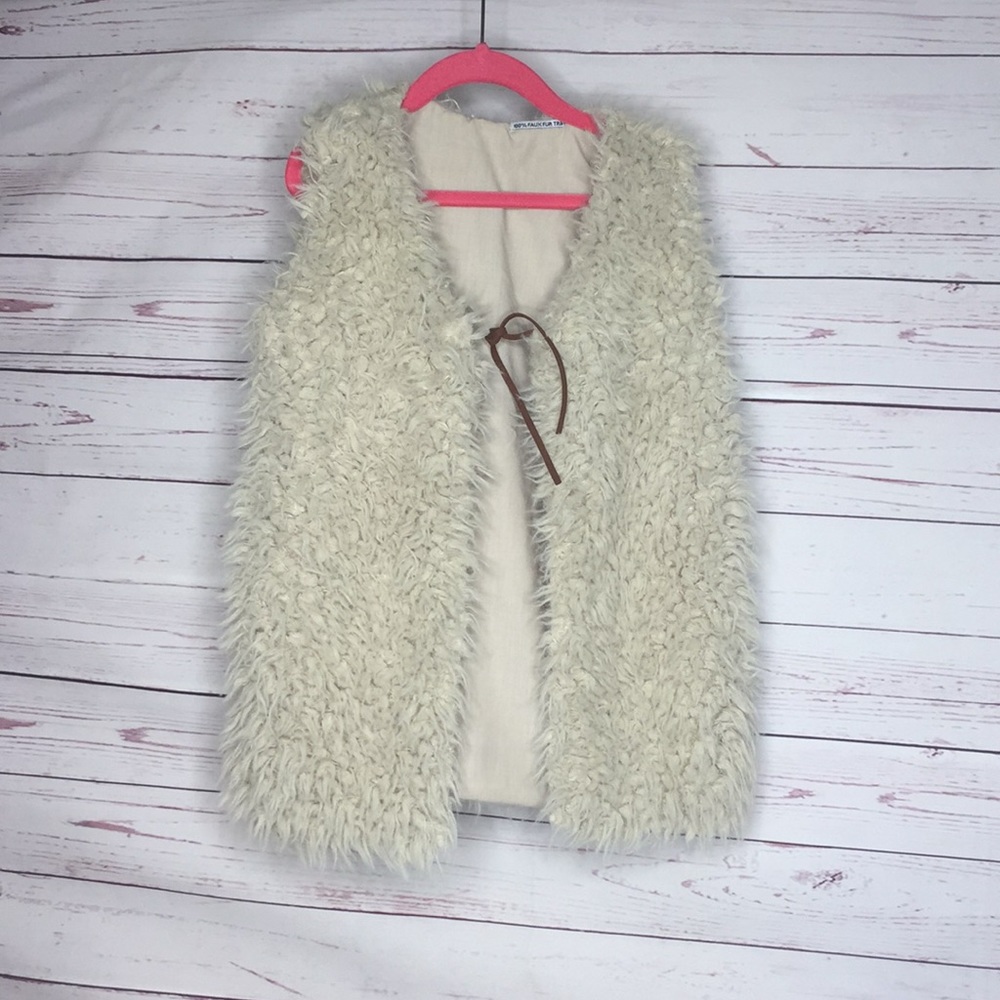 Faux Fur Vest Girls Size 8 Cream Leather Tie